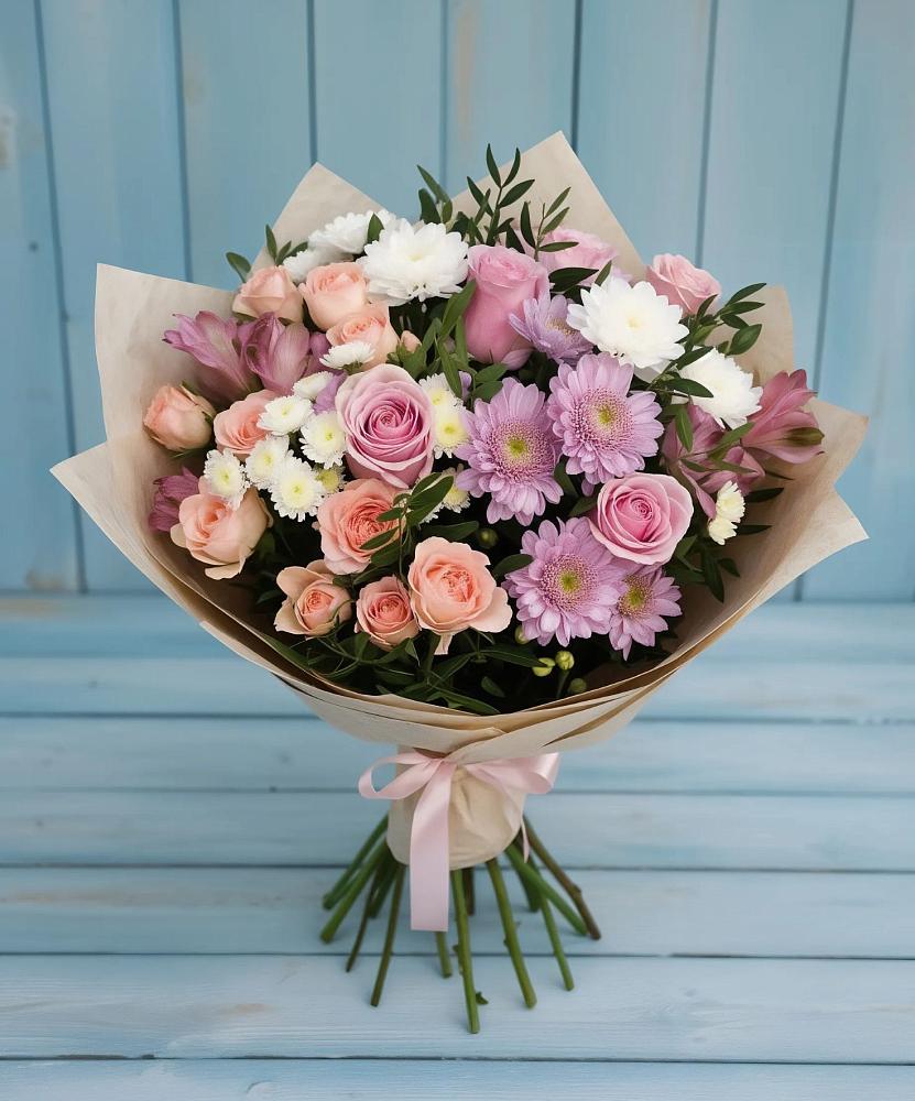 Букет цветов из: Хризантемы, Розы и Альстромерии в Шохово
