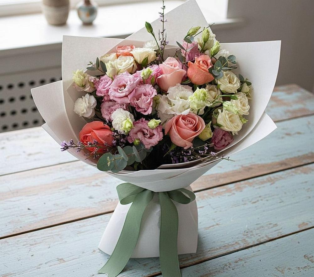 Букет цветов из: Розы, Лизиантусы и Гвоздики в Шохово