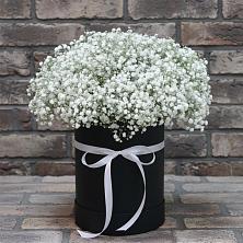 Цветочная композиция из Гипсофила в шляпной коробке в Шохово
